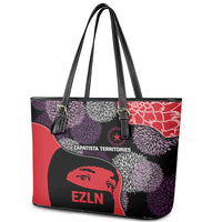 Zapatista Territories Leather Tote Bag Mexico with EZLN Masked Face and Floral - Wonder Print Shop