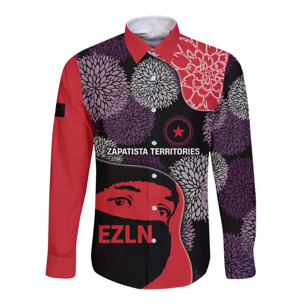 Zapatista Territories Long Sleeve Button Shirt Mexico with EZLN Masked Face and Floral - Wonder Print Shop