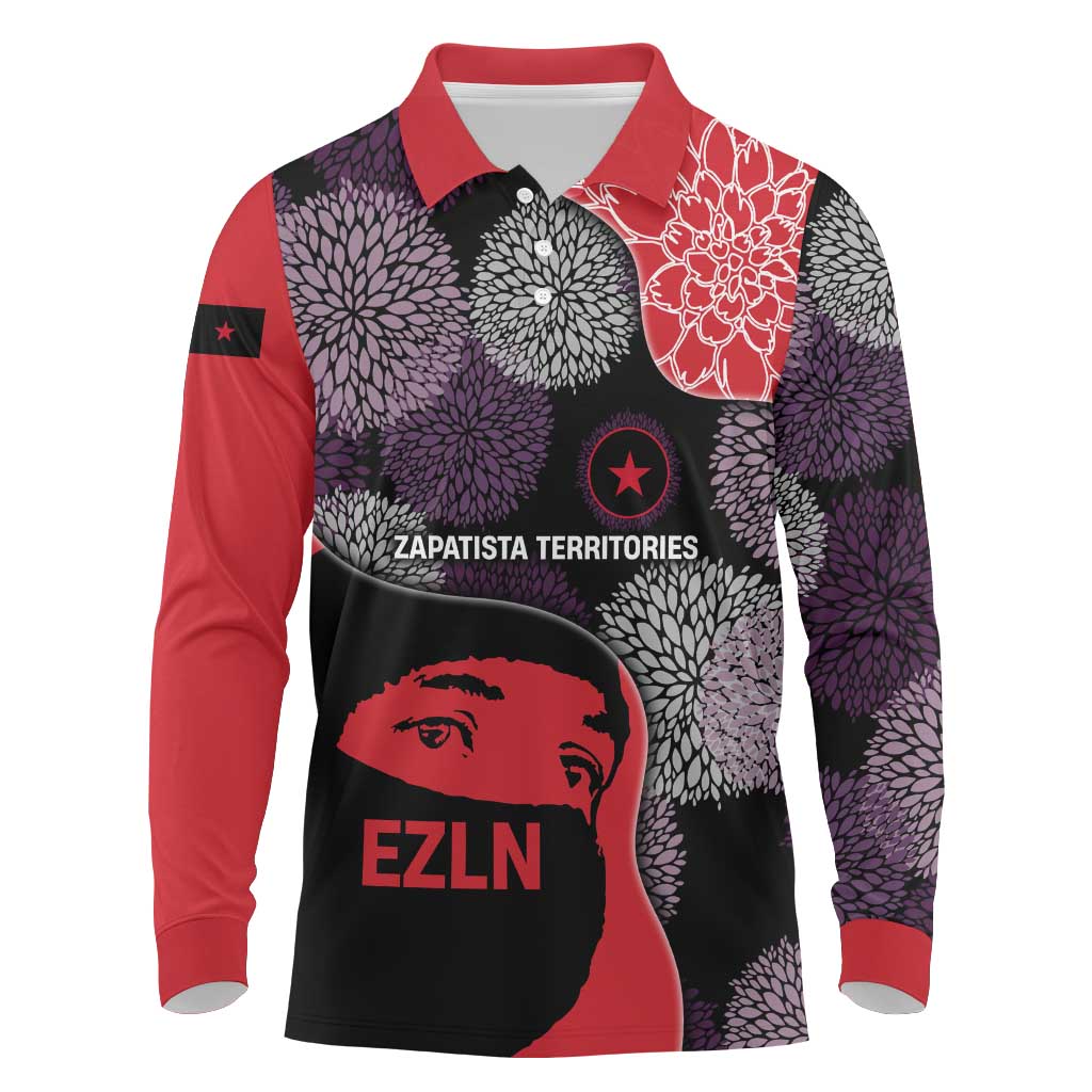 Zapatista Territories Long Sleeve Polo Shirt Mexico with EZLN Masked Face and Floral - Wonder Print Shop