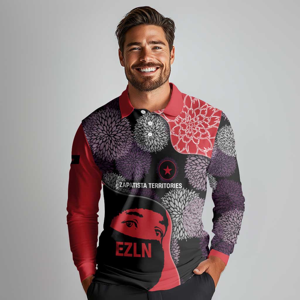 Zapatista Territories Long Sleeve Polo Shirt Mexico with EZLN Masked Face and Floral - Wonder Print Shop