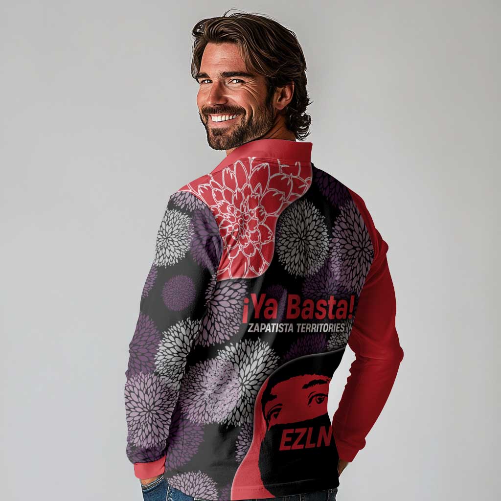 Zapatista Territories Long Sleeve Polo Shirt Mexico with EZLN Masked Face and Floral - Wonder Print Shop
