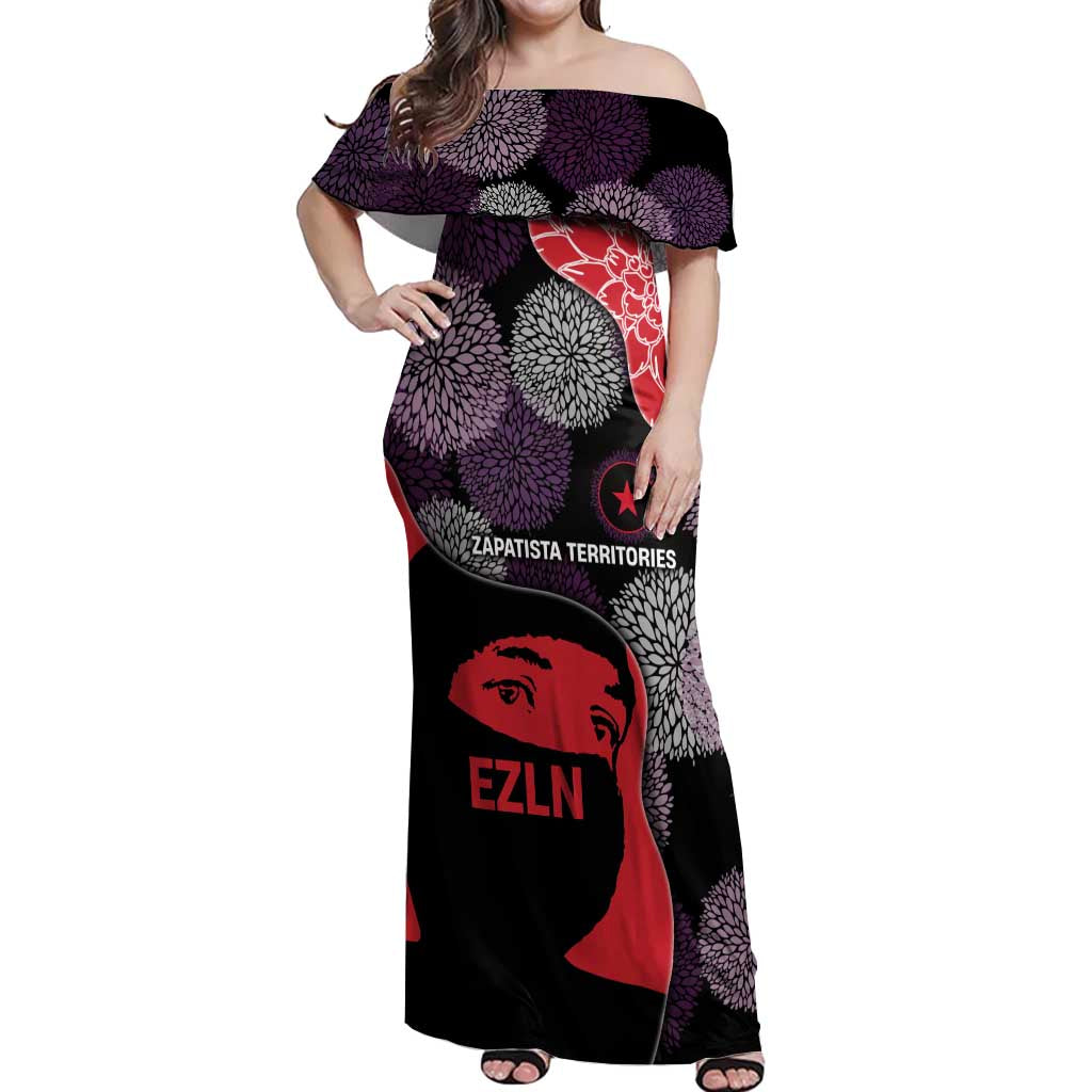 Zapatista Territories Off Shoulder Maxi Dress Mexico with EZLN Masked Face and Floral - Wonder Print Shop
