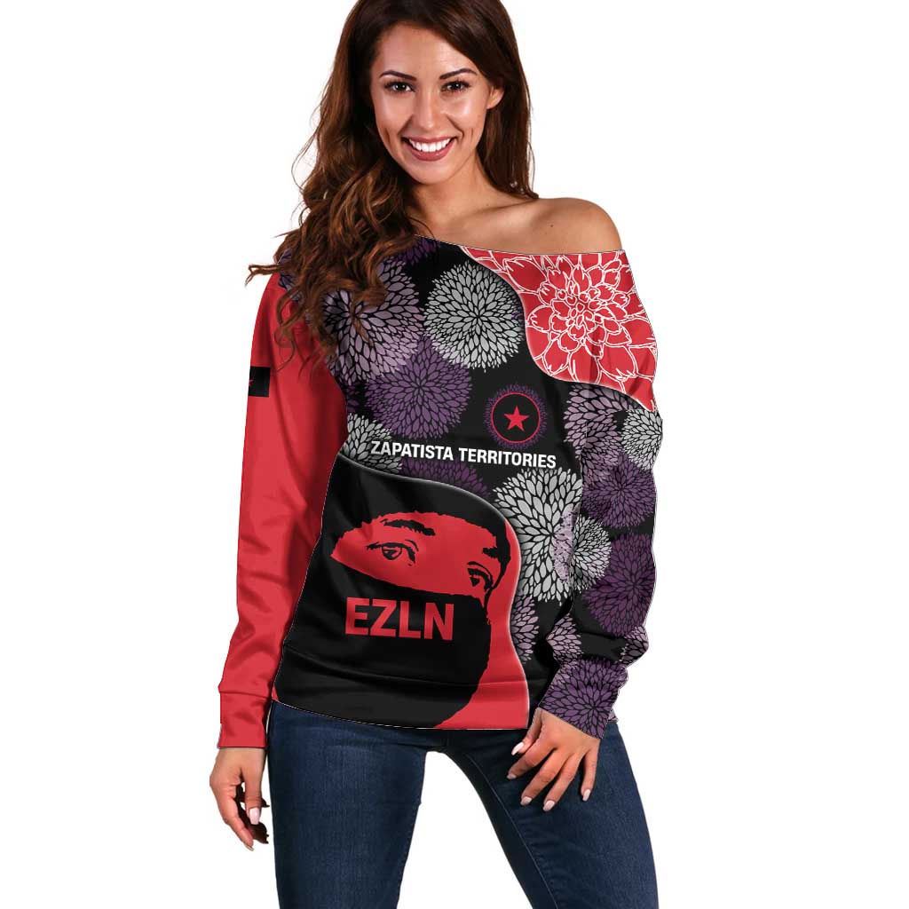 Zapatista Territories Off Shoulder Sweater Mexico with EZLN Masked Face and Floral - Wonder Print Shop