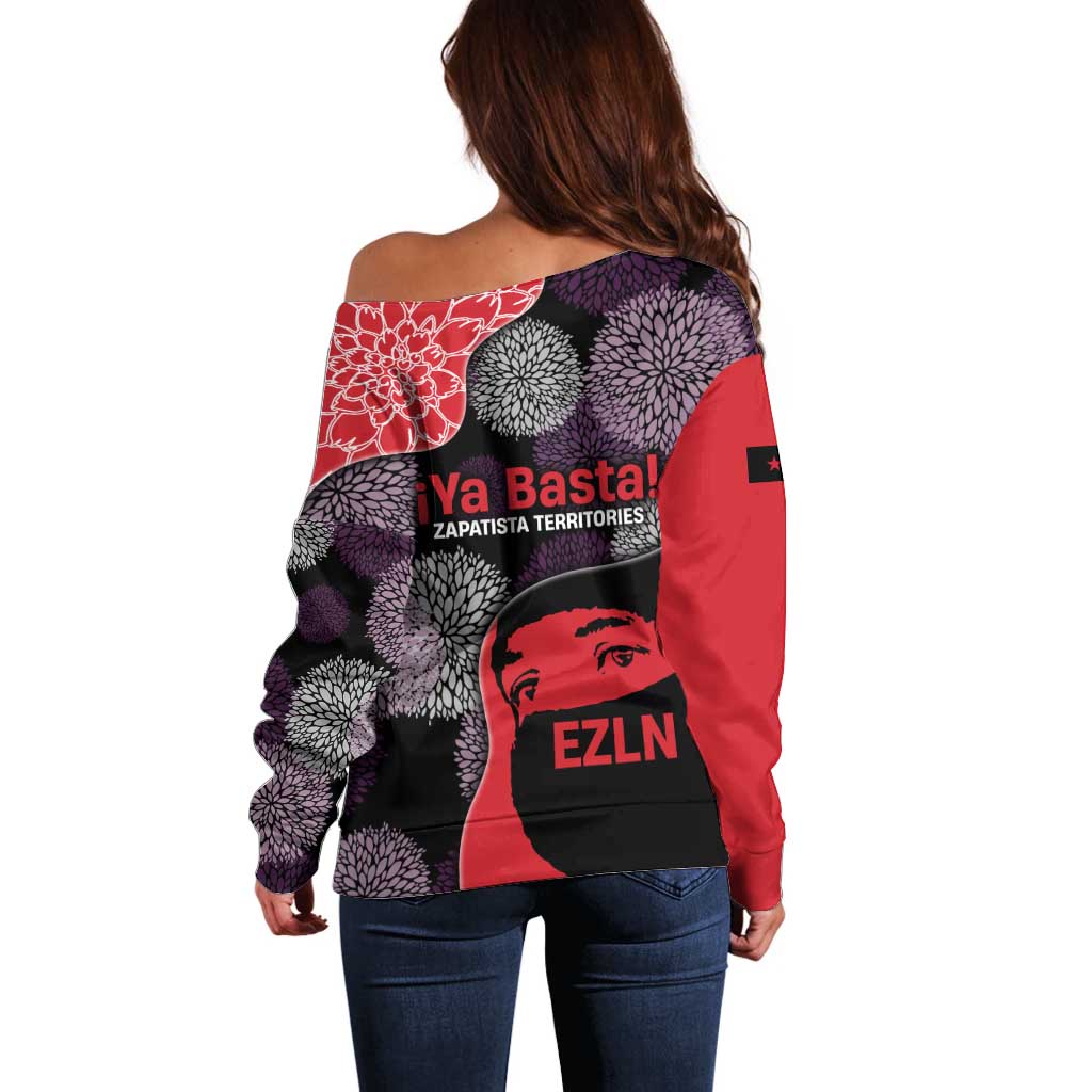 Zapatista Territories Off Shoulder Sweater Mexico with EZLN Masked Face and Floral - Wonder Print Shop