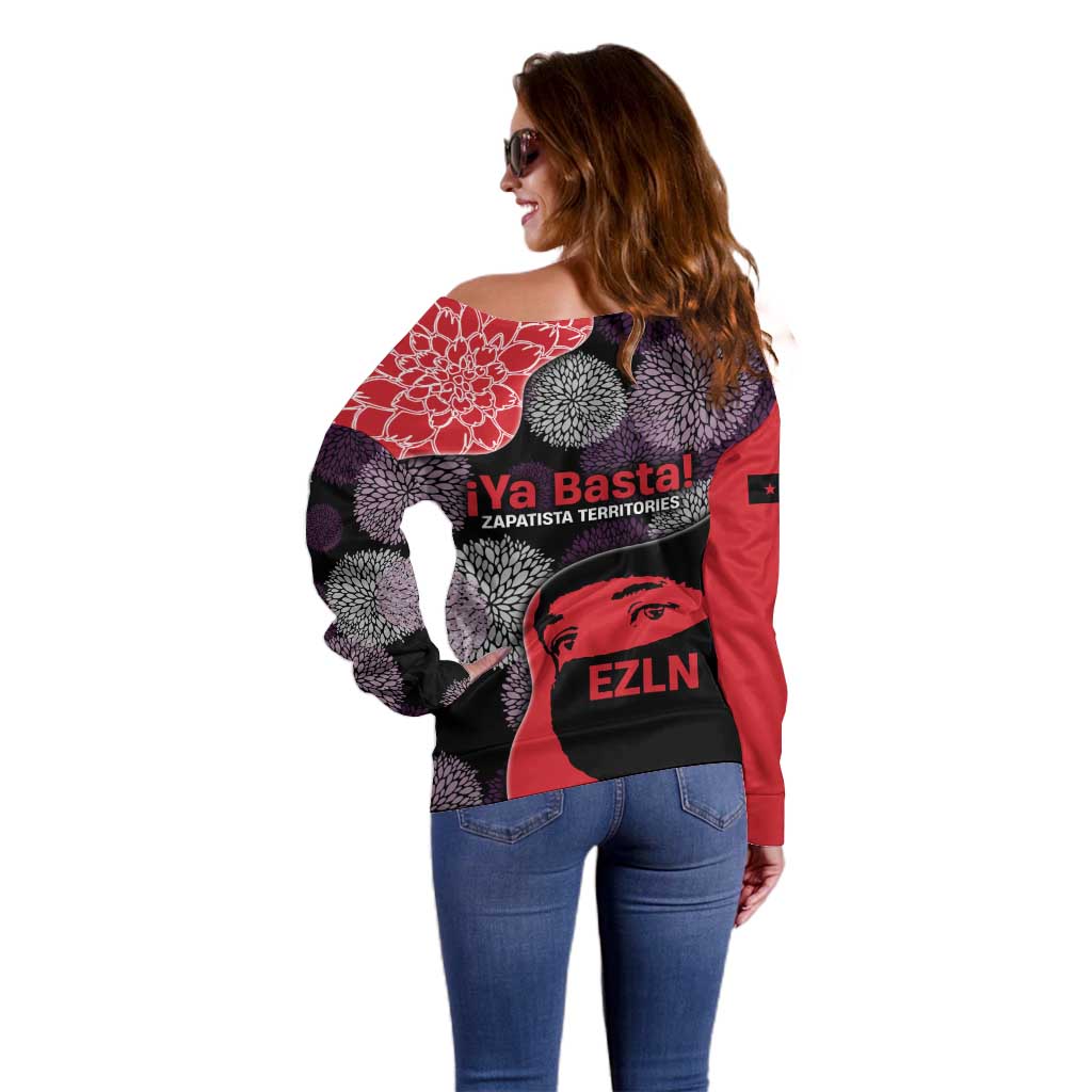 Zapatista Territories Off Shoulder Sweater Mexico with EZLN Masked Face and Floral - Wonder Print Shop