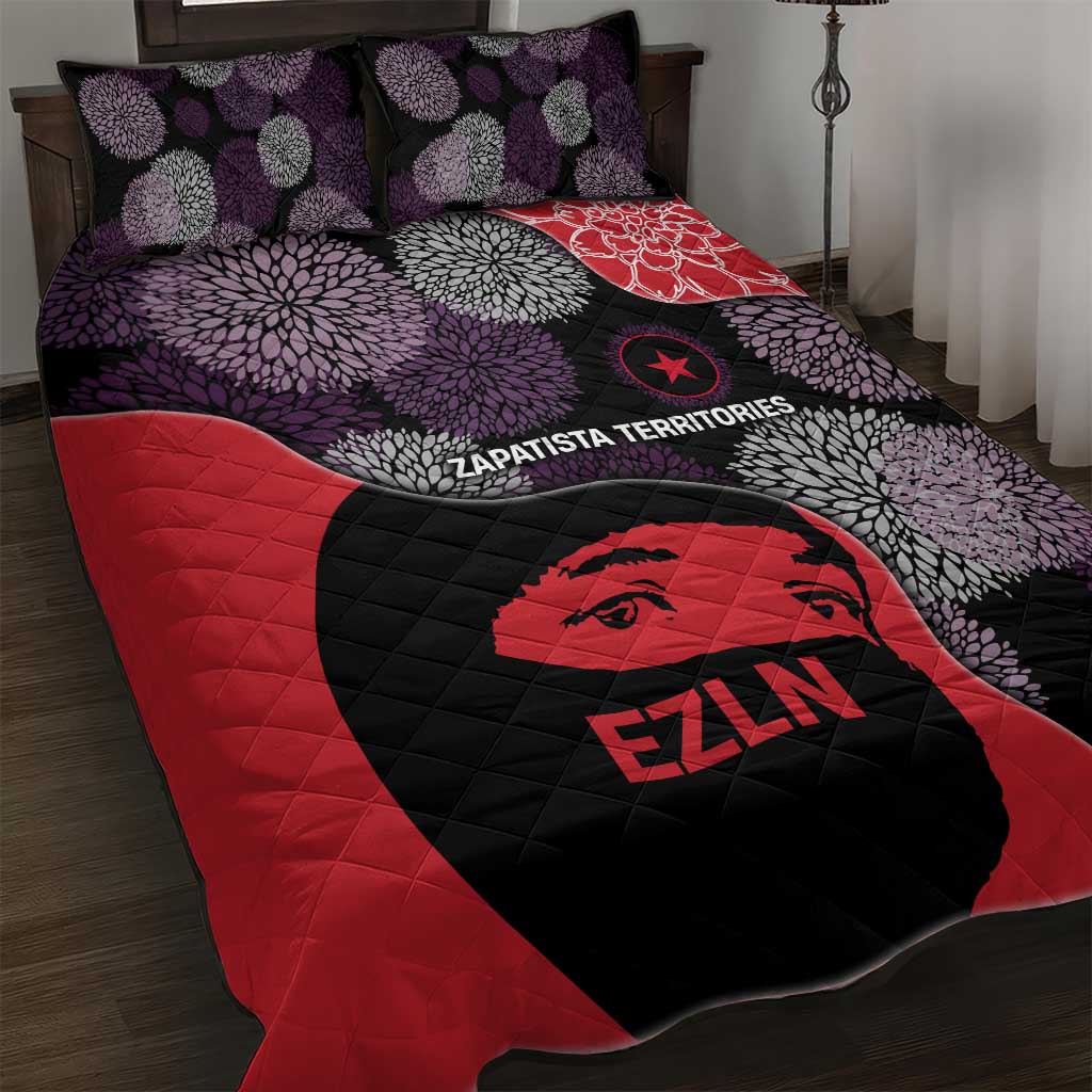 Zapatista Territories Quilt Bed Set Mexico with EZLN Masked Face and Floral - Wonder Print Shop