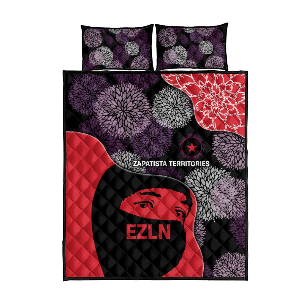 Zapatista Territories Quilt Bed Set Mexico with EZLN Masked Face and Floral - Wonder Print Shop