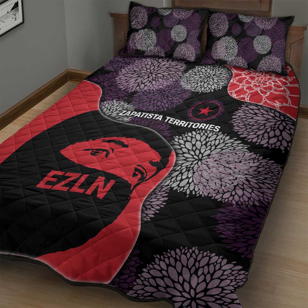 Zapatista Territories Quilt Bed Set Mexico with EZLN Masked Face and Floral - Wonder Print Shop