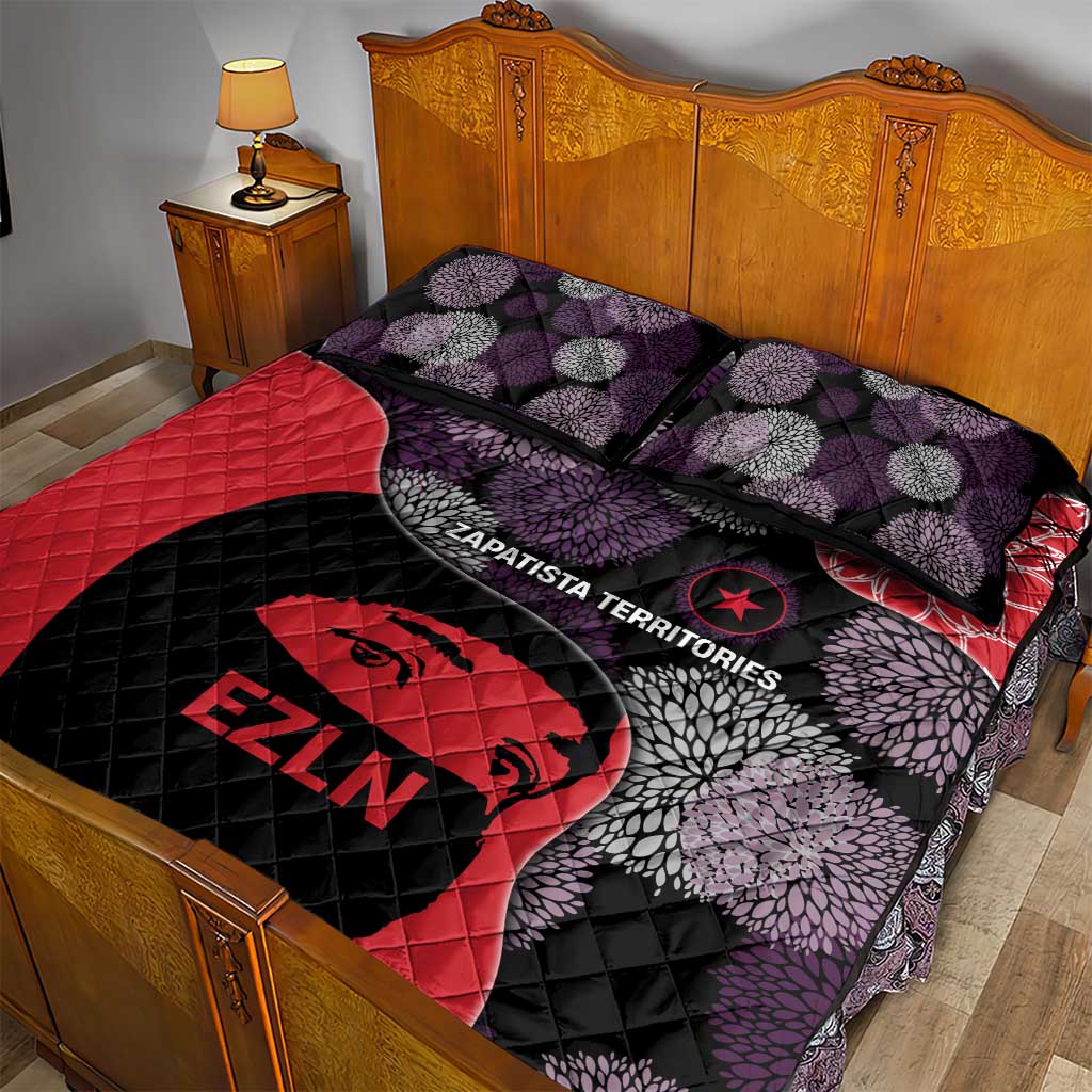 Zapatista Territories Quilt Bed Set Mexico with EZLN Masked Face and Floral - Wonder Print Shop