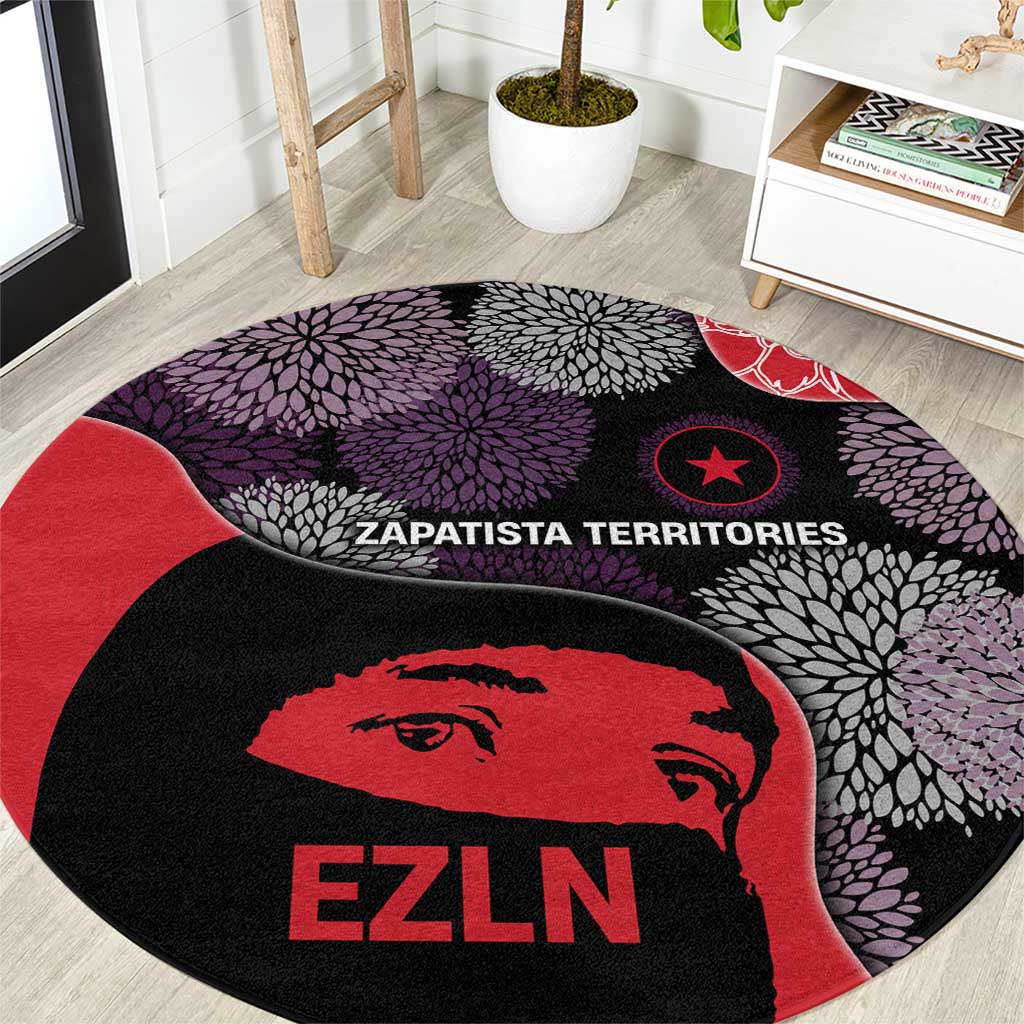 Zapatista Territories Round Carpet Mexico with EZLN Masked Face and Floral - Wonder Print Shop