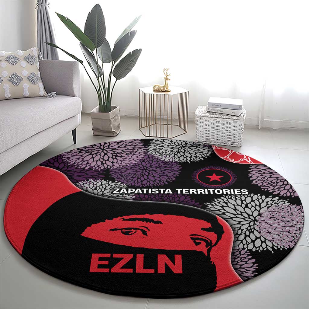 Zapatista Territories Round Carpet Mexico with EZLN Masked Face and Floral - Wonder Print Shop