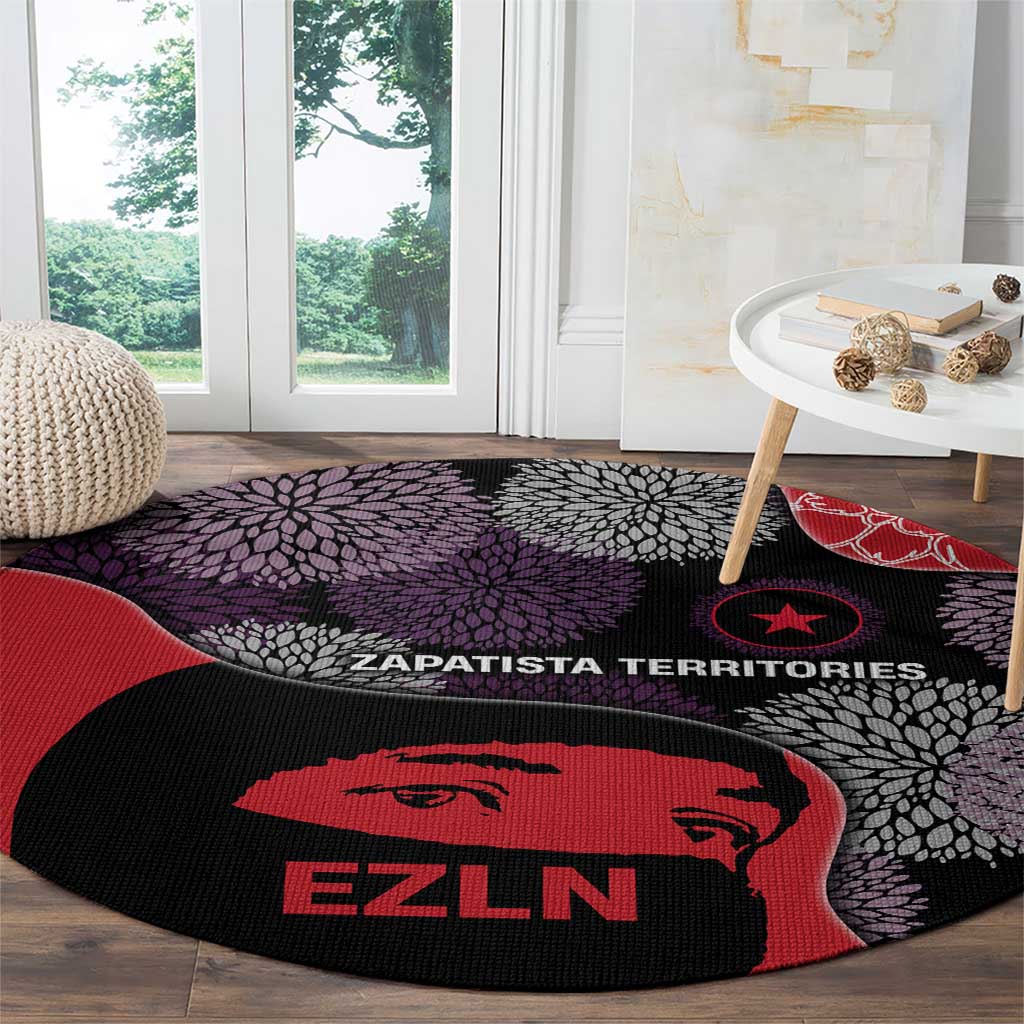 Zapatista Territories Round Carpet Mexico with EZLN Masked Face and Floral - Wonder Print Shop