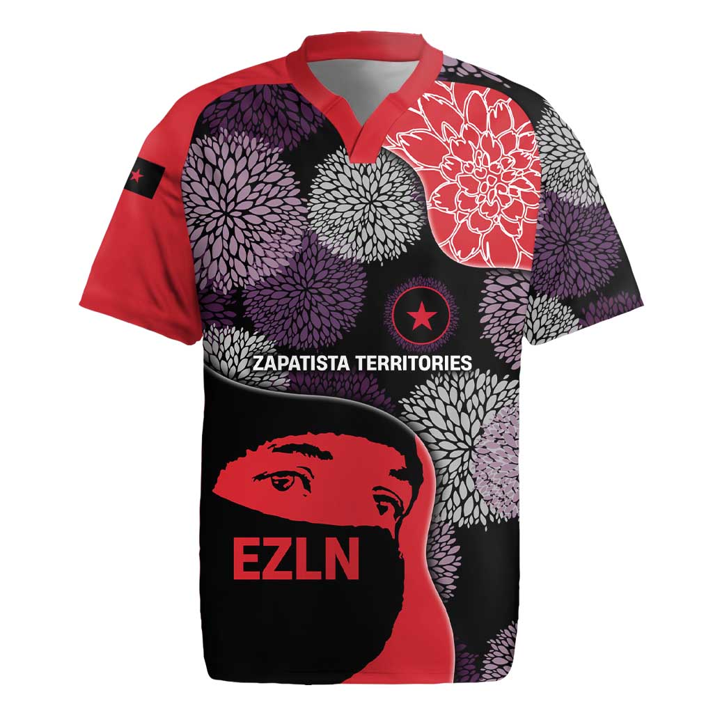 Zapatista Territories Rugby Jersey Mexico with EZLN Masked Face and Floral - Wonder Print Shop