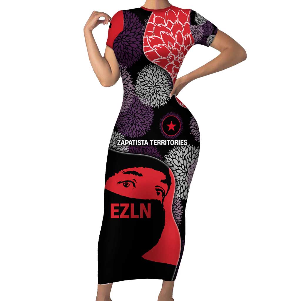 Zapatista Territories Short Sleeve Bodycon Dress Mexico with EZLN Masked Face and Floral - Wonder Print Shop
