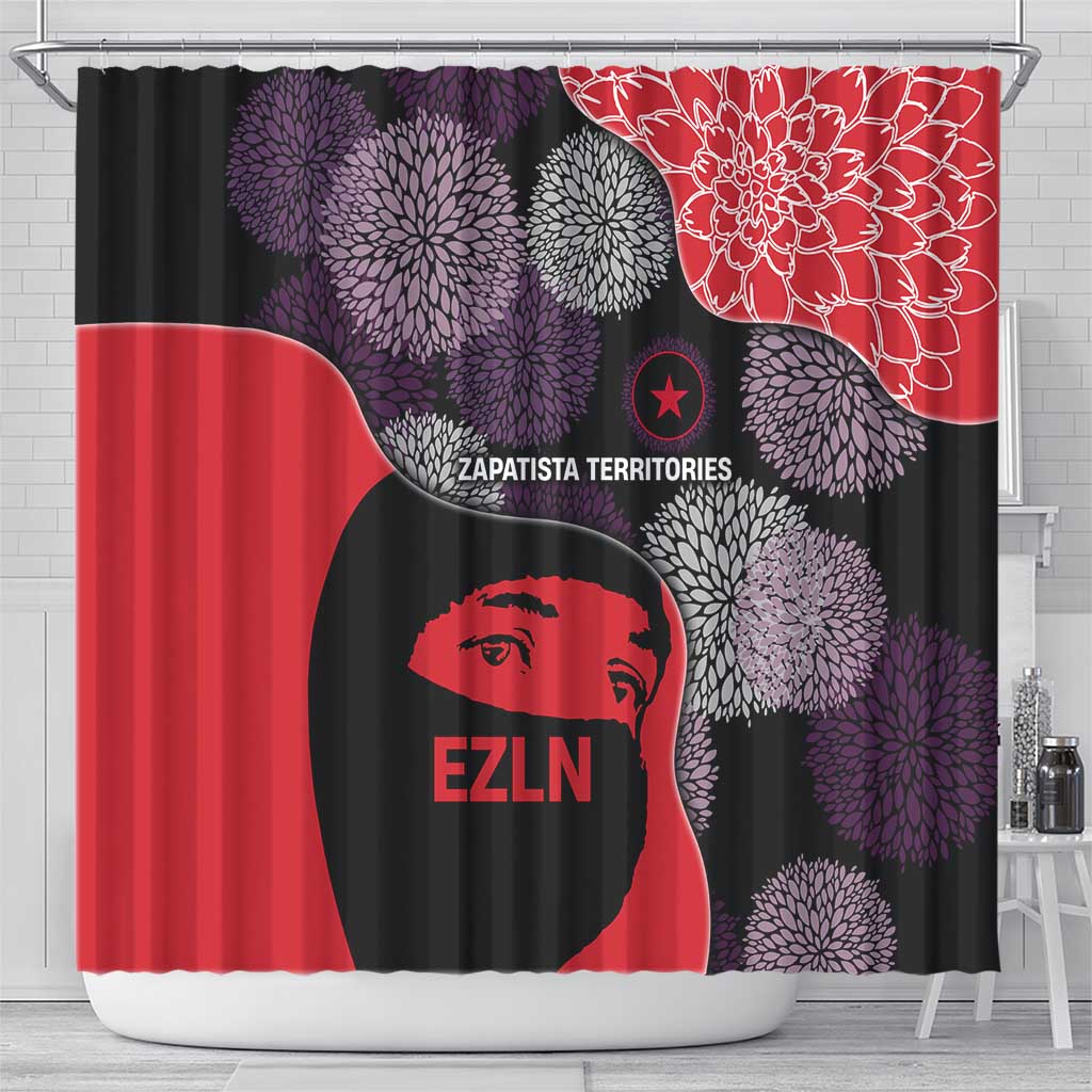 Zapatista Territories Shower Curtain Mexico with EZLN Masked Face and Floral - Wonder Print Shop