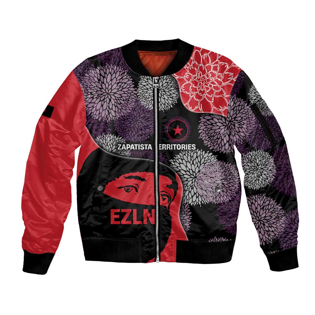 Zapatista Territories Sleeve Zip Bomber Jacket Mexico with EZLN Masked Face and Floral - Wonder Print Shop