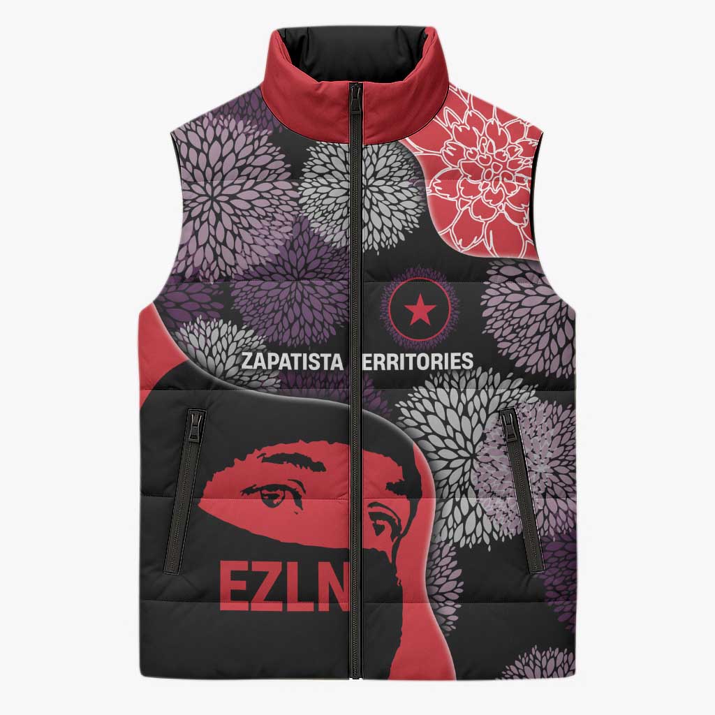 Zapatista Territories Sleeveless Puffer Jacket Mexico with EZLN Masked Face and Floral - Wonder Print Shop