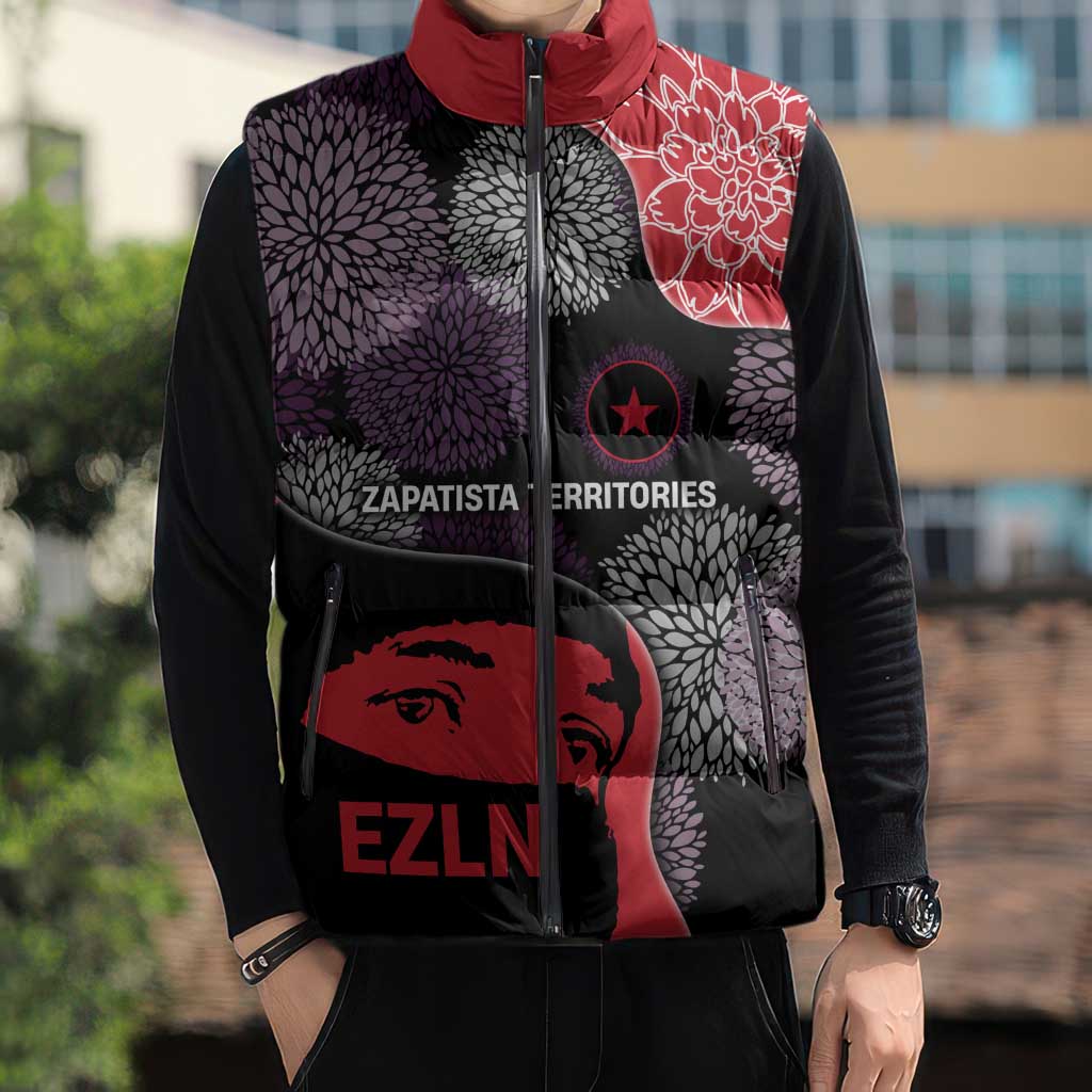 Zapatista Territories Sleeveless Puffer Jacket Mexico with EZLN Masked Face and Floral - Wonder Print Shop