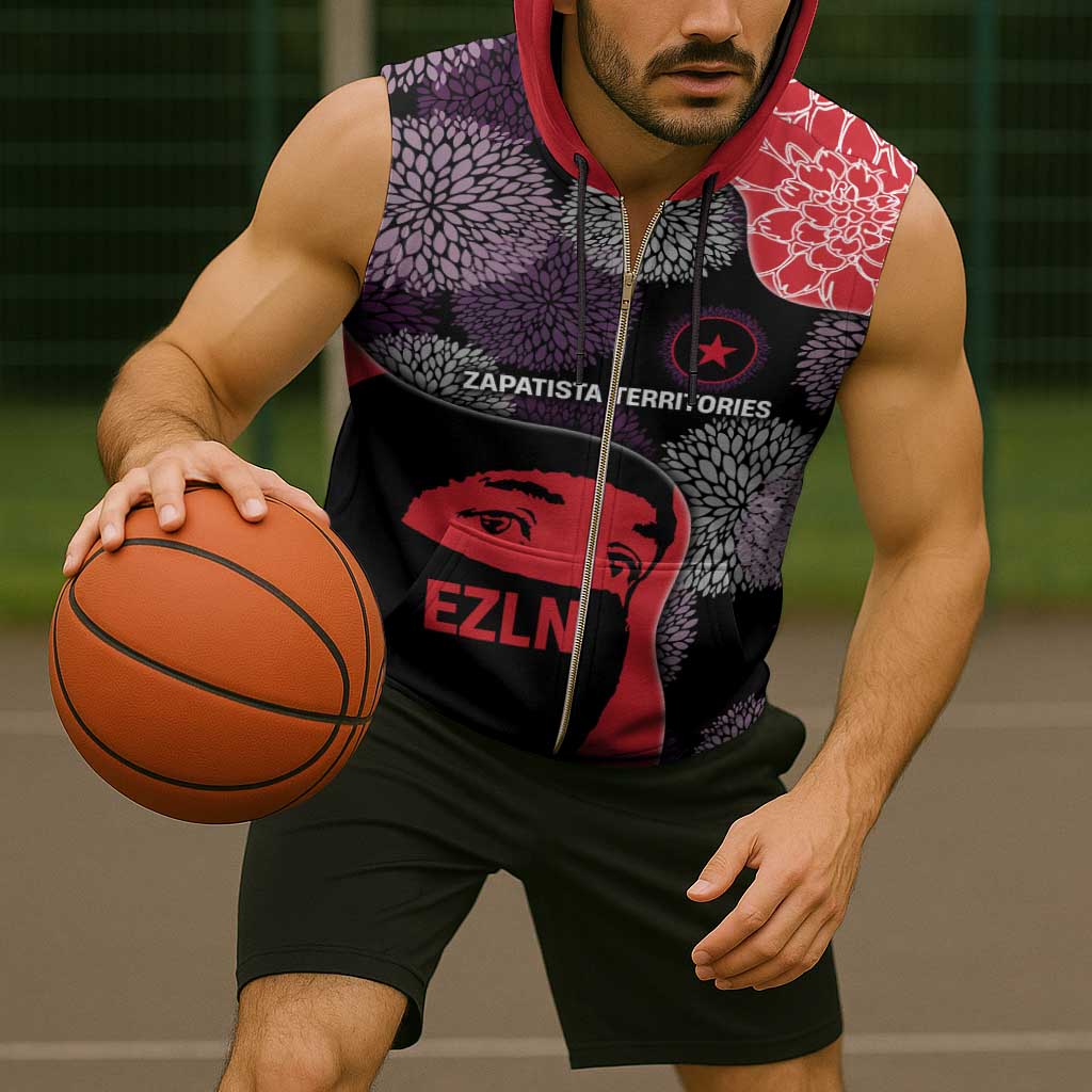 Zapatista Territories Sleeveless Zip Hoodie Mexico with EZLN Masked Face and Floral - Wonder Print Shop