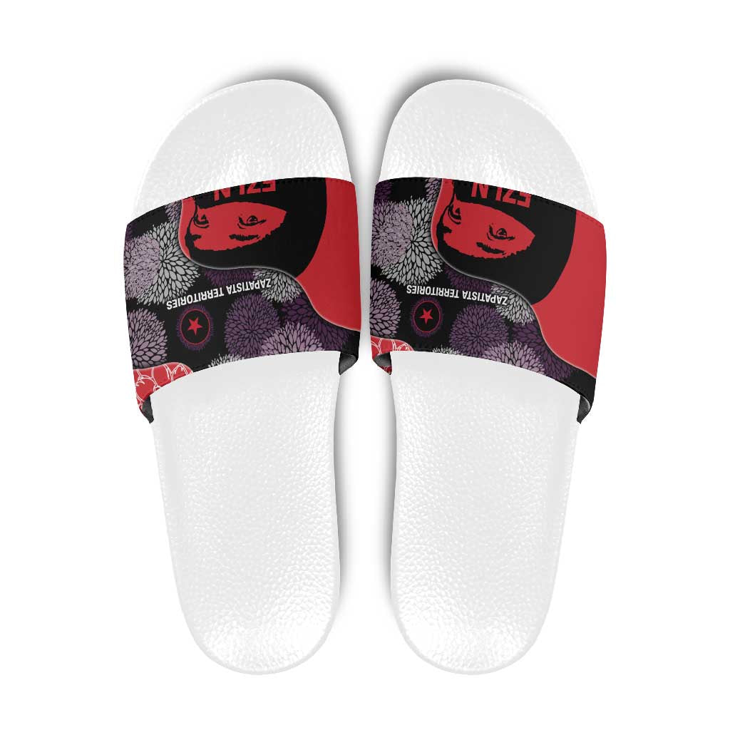 Zapatista Territories Slide Sandals Mexico with EZLN Masked Face and Floral - Wonder Print Shop