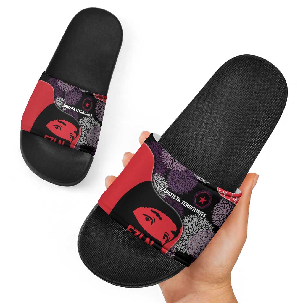 Zapatista Territories Slide Sandals Mexico with EZLN Masked Face and Floral - Wonder Print Shop