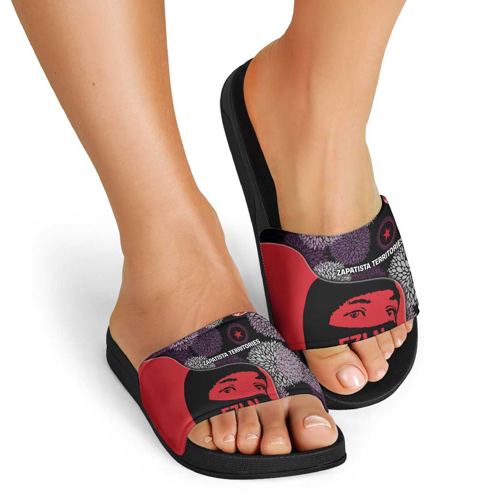 Zapatista Territories Slide Sandals Mexico with EZLN Masked Face and Floral - Wonder Print Shop