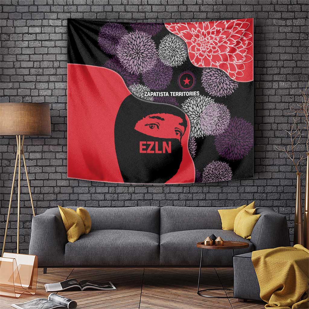 Zapatista Territories Tapestry Mexico with EZLN Masked Face and Floral - Wonder Print Shop