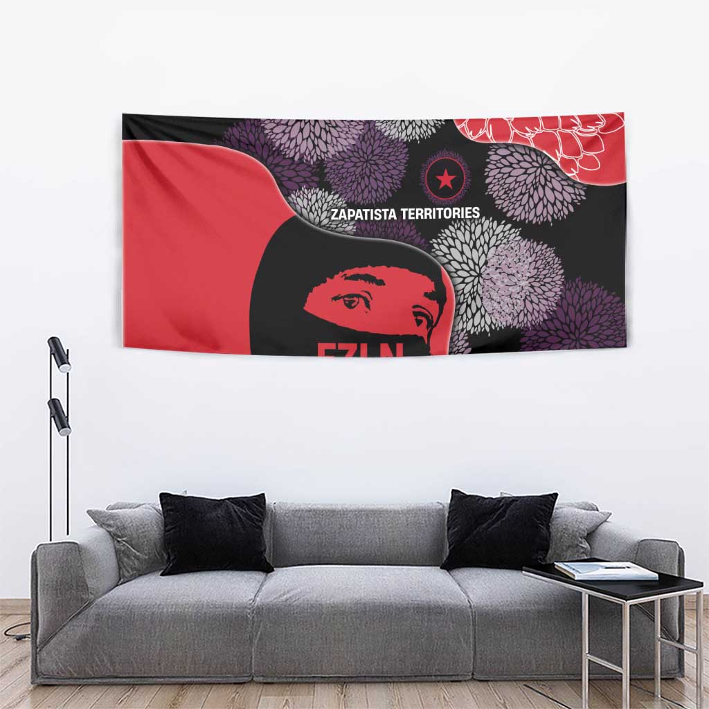 Zapatista Territories Tapestry Mexico with EZLN Masked Face and Floral - Wonder Print Shop