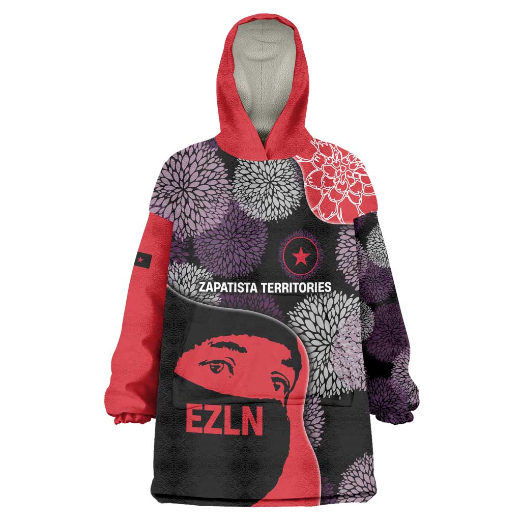 Zapatista Territories Wearable Blanket Hoodie Mexico with EZLN Masked Face and Floral - Wonder Print Shop