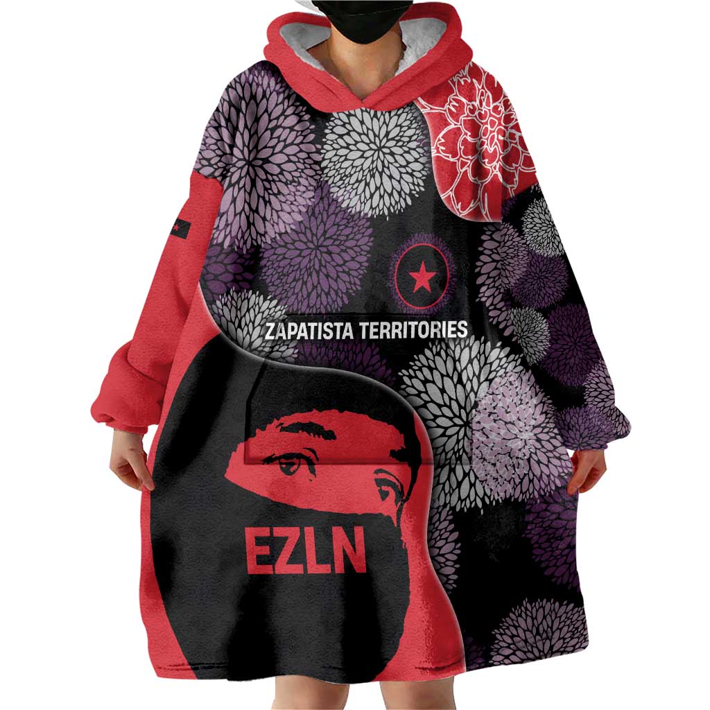 Zapatista Territories Wearable Blanket Hoodie Mexico with EZLN Masked Face and Floral - Wonder Print Shop
