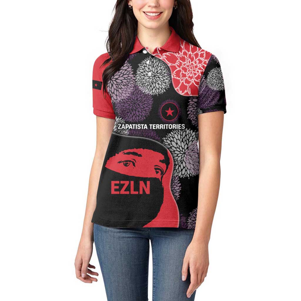 Zapatista Territories Women Polo Shirt Mexico with EZLN Masked Face and Floral - Wonder Print Shop