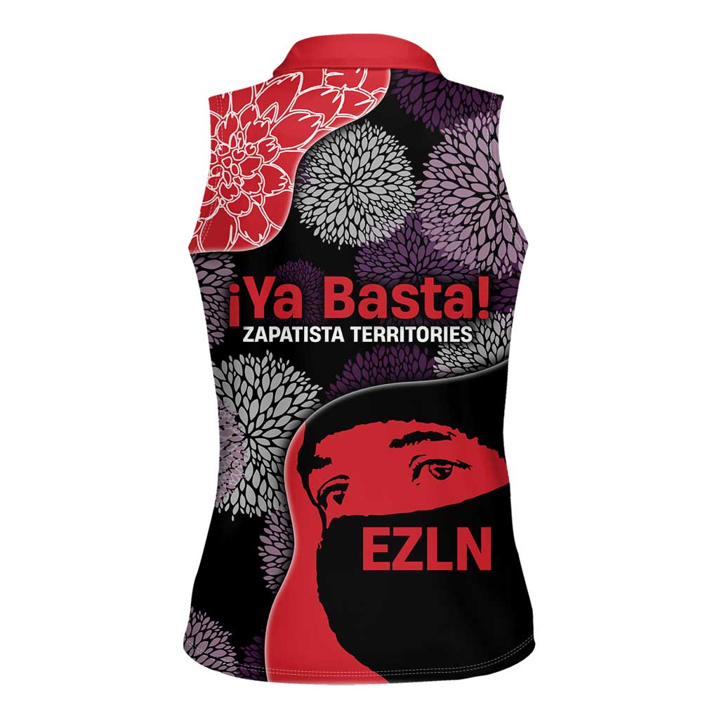 Zapatista Territories Women Sleeveless Polo Shirt Mexico with EZLN Masked Face and Floral - Wonder Print Shop