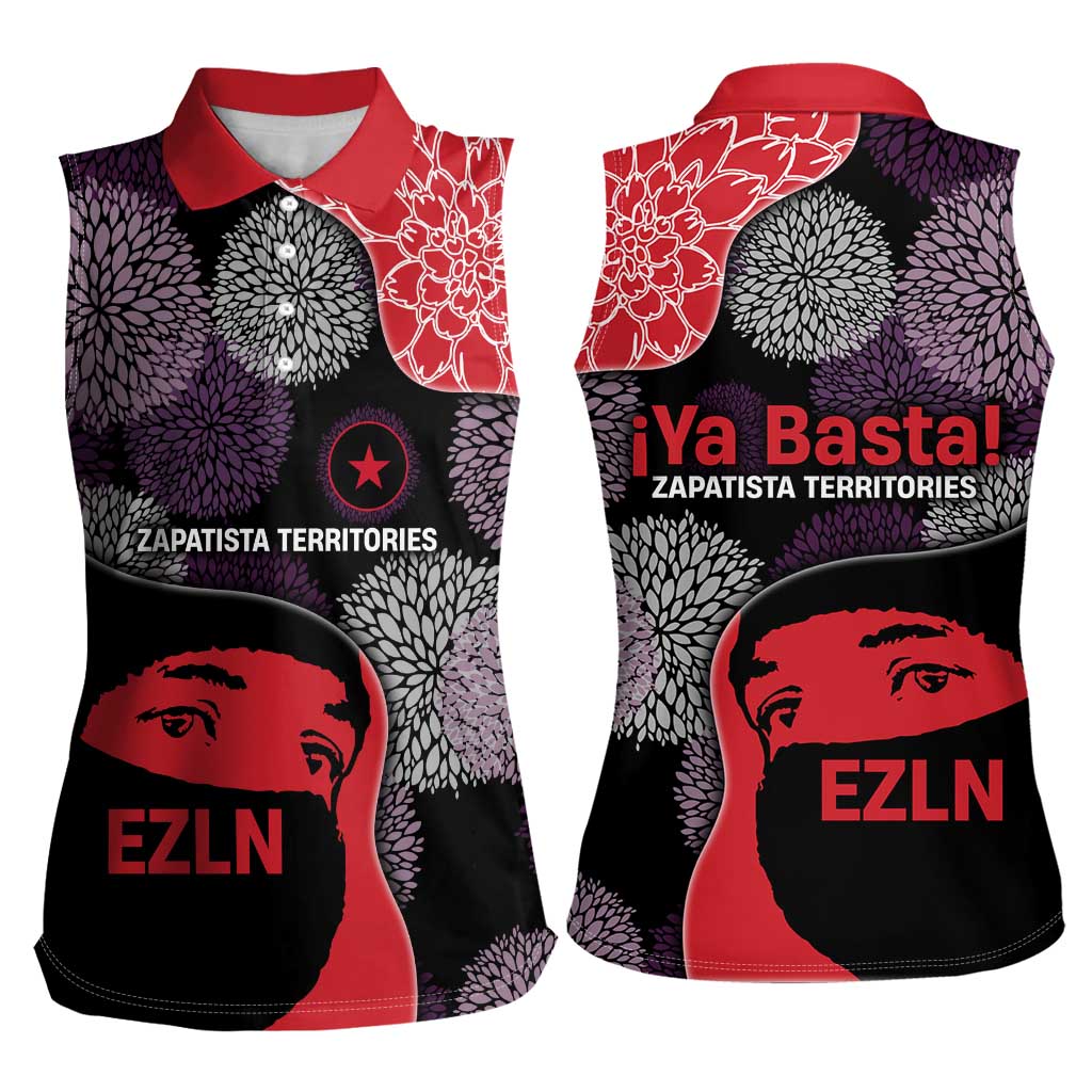 Zapatista Territories Women Sleeveless Polo Shirt Mexico with EZLN Masked Face and Floral - Wonder Print Shop