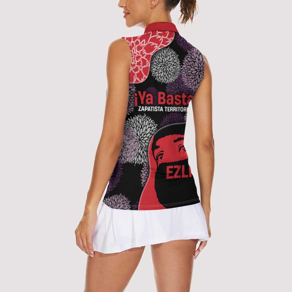 Zapatista Territories Women Sleeveless Polo Shirt Mexico with EZLN Masked Face and Floral - Wonder Print Shop