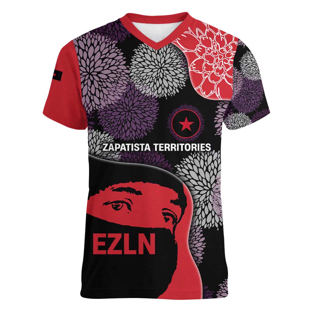 Zapatista Territories Women V-Neck T-Shirt Mexico with EZLN Masked Face and Floral - Wonder Print Shop