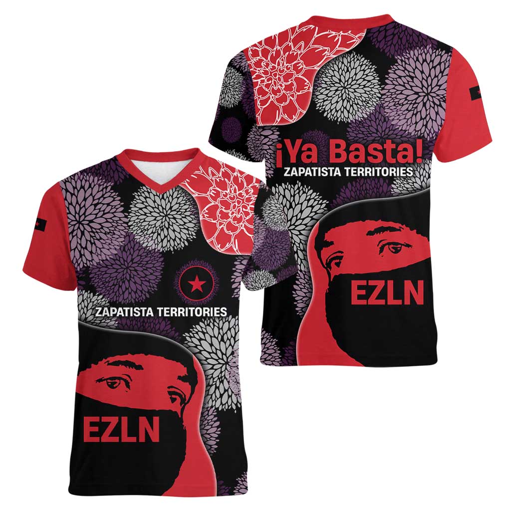 Zapatista Territories Women V-Neck T-Shirt Mexico with EZLN Masked Face and Floral - Wonder Print Shop