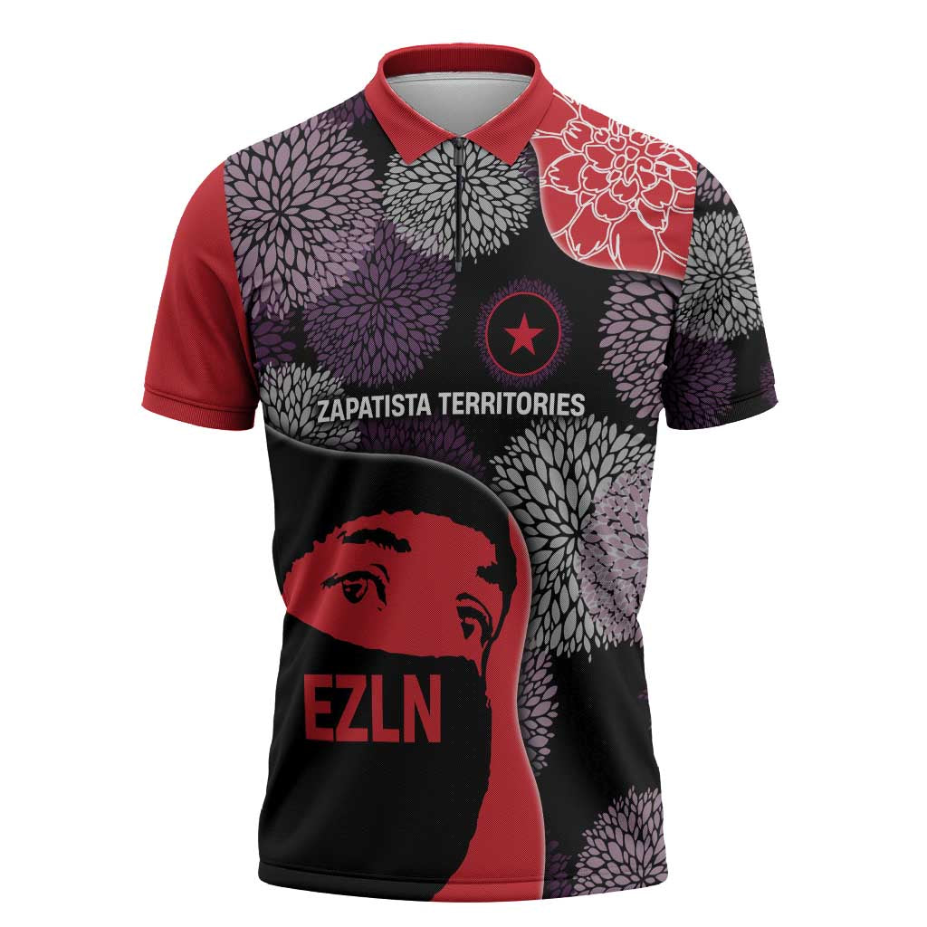 Zapatista Territories Zipper Polo Shirt Mexico with EZLN Masked Face and Floral - Wonder Print Shop