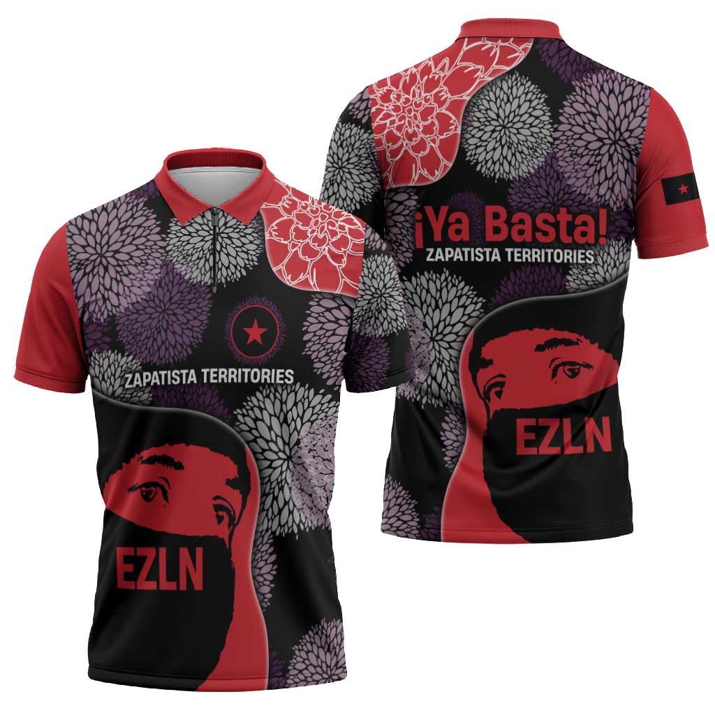 Zapatista Territories Zipper Polo Shirt Mexico with EZLN Masked Face and Floral - Wonder Print Shop