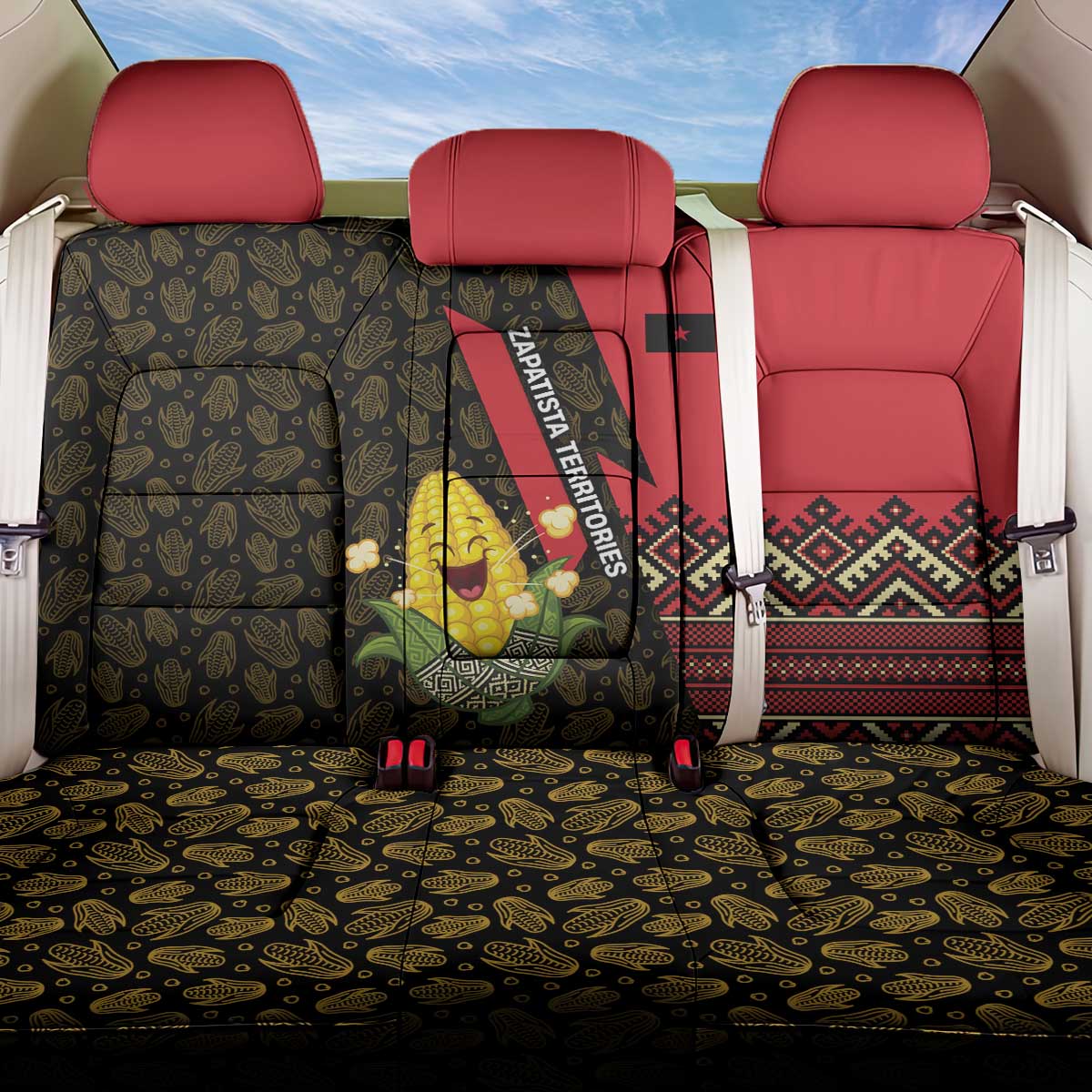 Zapatista Territories Back Car Seat Cover Mexico with Corn Graphic and Indigenous Pattern Semillas de Libertad - Wonder Print Shop