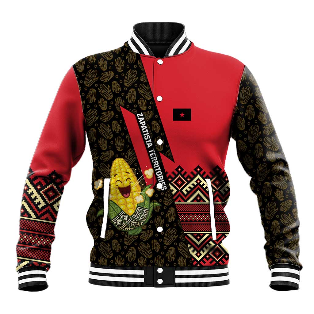 Zapatista Territories Baseball Jacket Mexico with Corn Graphic and Indigenous Pattern Semillas de Libertad - Wonder Print Shop