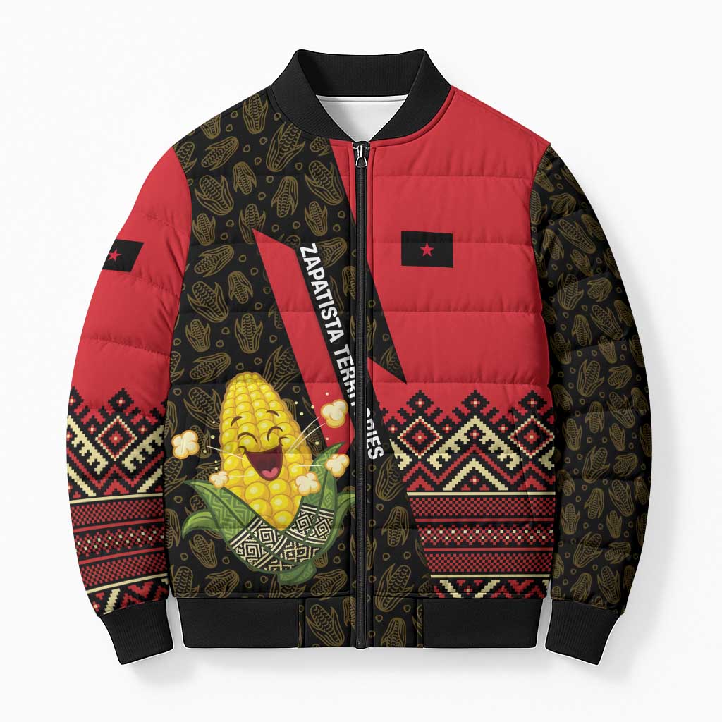 Zapatista Territories Bomber Puffer Jacket Mexico with Corn Graphic and Indigenous Pattern Semillas de Libertad - Wonder Print Shop