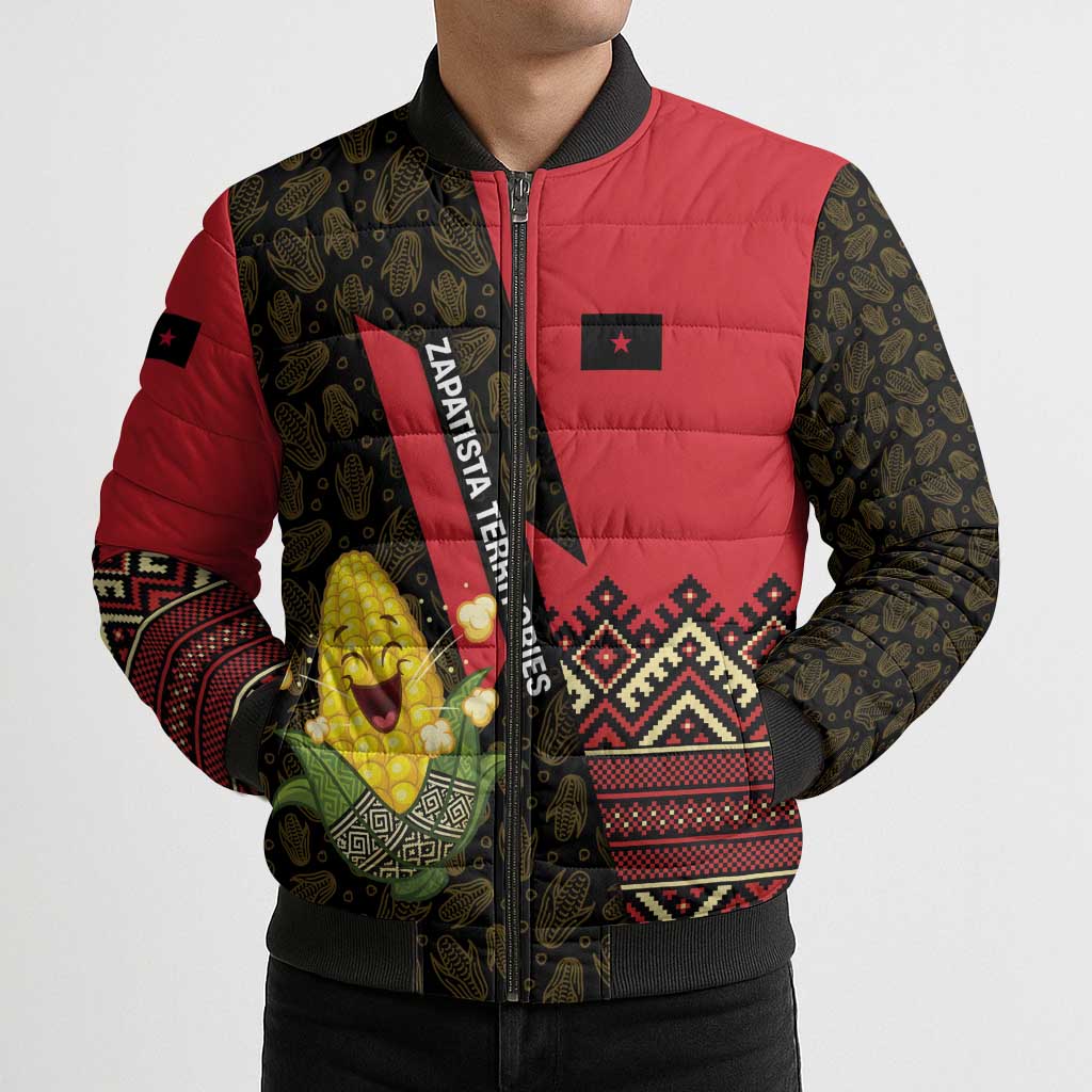 Zapatista Territories Bomber Puffer Jacket Mexico with Corn Graphic and Indigenous Pattern Semillas de Libertad - Wonder Print Shop