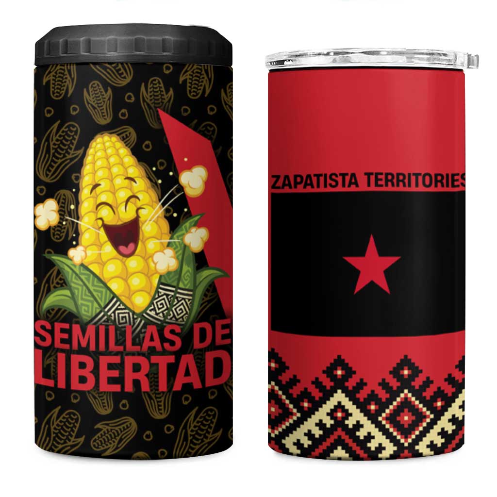 Zapatista Territories 4 in 1 Can Cooler Tumbler Mexico with Corn Graphic and Indigenous Pattern Semillas de Libertad - Wonder Print Shop