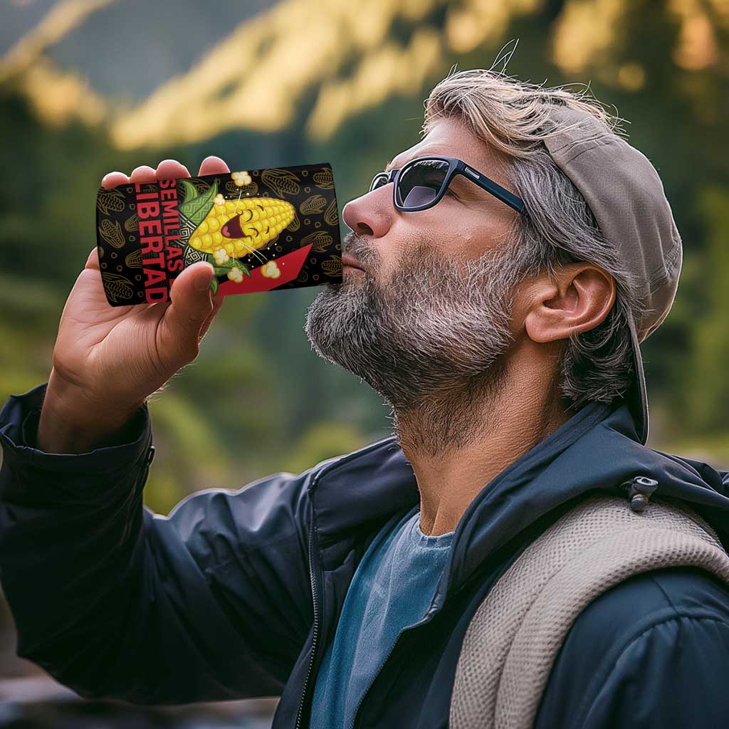 Zapatista Territories 4 in 1 Can Cooler Tumbler Mexico with Corn Graphic and Indigenous Pattern Semillas de Libertad - Wonder Print Shop