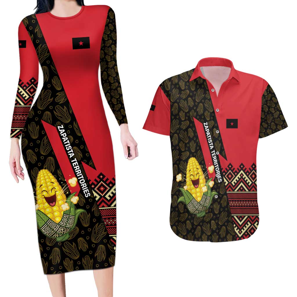 Zapatista Territories Couples Matching Long Sleeve Bodycon Dress and Hawaiian Shirt Mexico with Corn Graphic and Indigenous Pattern Semillas de Libertad - Wonder Print Shop