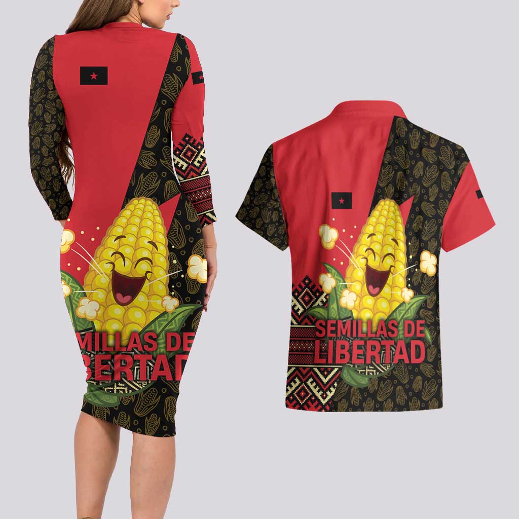 Zapatista Territories Couples Matching Long Sleeve Bodycon Dress and Hawaiian Shirt Mexico with Corn Graphic and Indigenous Pattern Semillas de Libertad - Wonder Print Shop