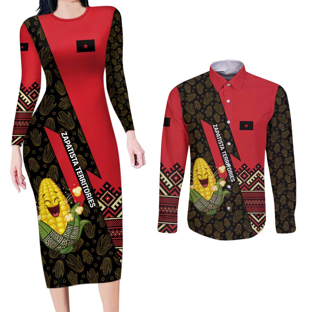 Zapatista Territories Couples Matching Long Sleeve Bodycon Dress and Long Sleeve Button Shirt Mexico with Corn Graphic and Indigenous Pattern Semillas de Libertad - Wonder Print Shop