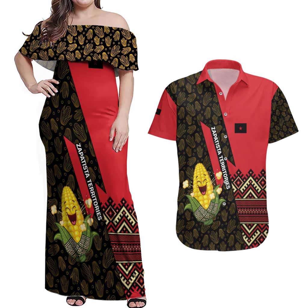 Zapatista Territories Couples Matching Off Shoulder Maxi Dress and Hawaiian Shirt Mexico with Corn Graphic and Indigenous Pattern Semillas de Libertad - Wonder Print Shop