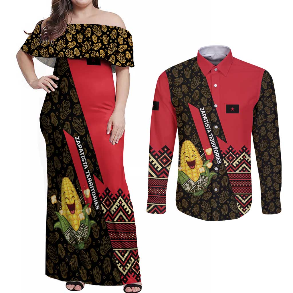 Zapatista Territories Couples Matching Off Shoulder Maxi Dress and Long Sleeve Button Shirt Mexico with Corn Graphic and Indigenous Pattern Semillas de Libertad - Wonder Print Shop