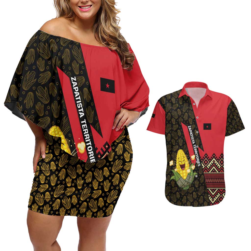 Zapatista Territories Couples Matching Off Shoulder Short Dress and Hawaiian Shirt Mexico with Corn Graphic and Indigenous Pattern Semillas de Libertad - Wonder Print Shop